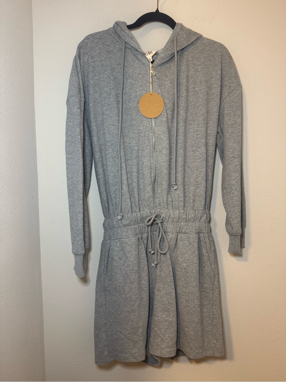 Bibi Gray Hooded Zip Romper with Drawstring Waist NWT